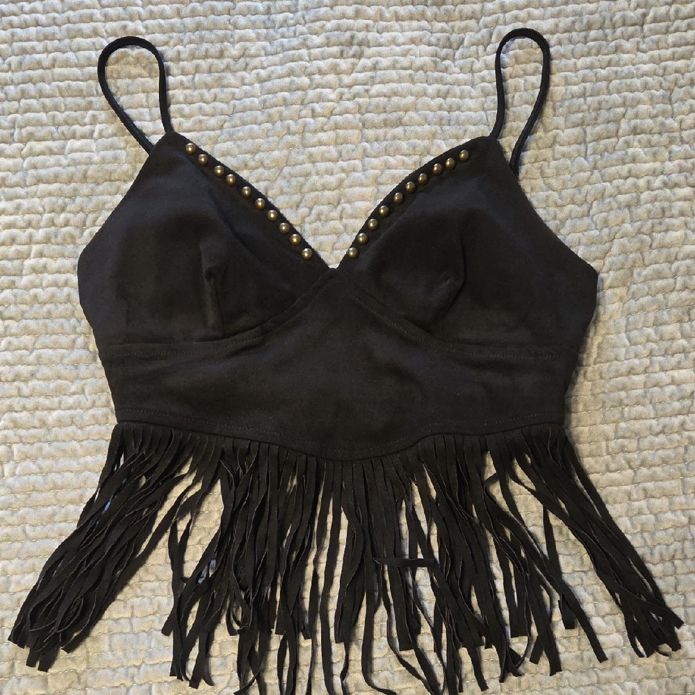 SHEIN Black Studded Fringe Cami Crop Top